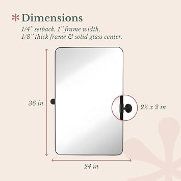Hamilton Hills 24x36 inch Brushed Black Metal Framed Mirror - Pivot Mirrors for Bathrooms - Rounded Corner Rectangular Frame with Tilt Mirror Brackets - Adjustable and Tilting Farmhouse Wall Vanity