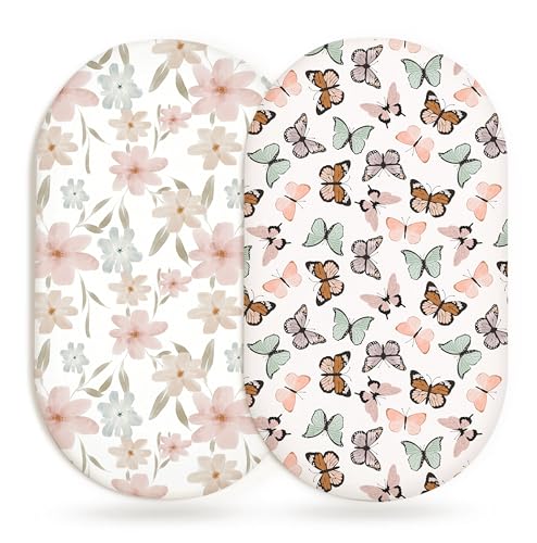 Image of Bassinet Sheets for Baby Girls Boys 2 Pack, Fitted Baby Mattress Sheet for Rectangle, Oval, Hourglass Bassinet Mattress, Breathable Cozy & Universal Fit (Butterfly Dance, Bassinet Sheet)