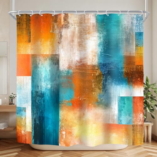 Burnt Orange Teal Turquoise Abstract Modern Oil Bathroom Shower Curtain Set