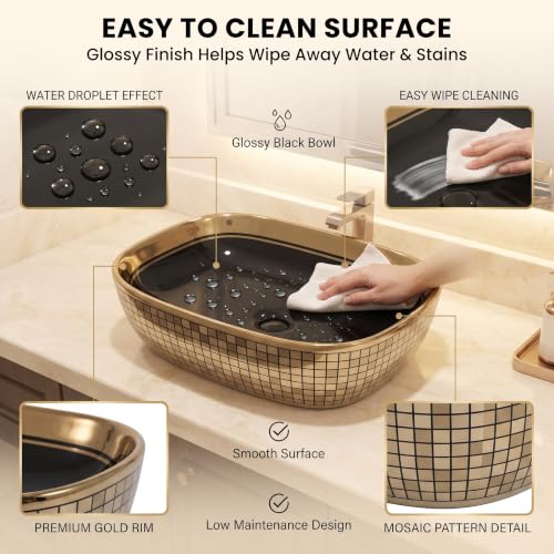 Image of InArt Luxury Tabletop Wash Basin, 455 x 325 x 135 mm, Glossy Black Ceramic Bowl with Multi-Tone Mosaic Gold Exterior, Countertop Bathroom Basin, Non-Overflow, Polished Gold Rim