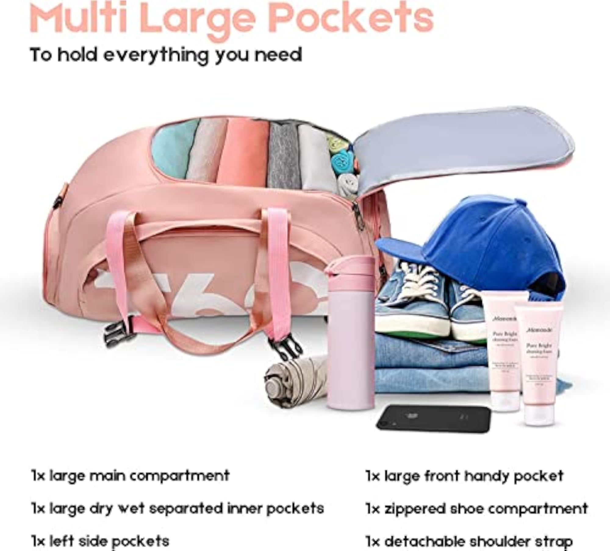 Lightweight Waterproof Travel Duffle Bag, Peach