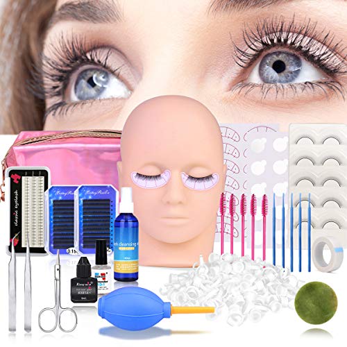 False Eyelash Extension kit, MYSWEETY 19PCS Professional Eyelashes Kit with Flat Mannequin Head, Lash Practice Kit Eyelash Grafting Training Tool Kit for Beginners Makeup Practice Eye Lashes Graft