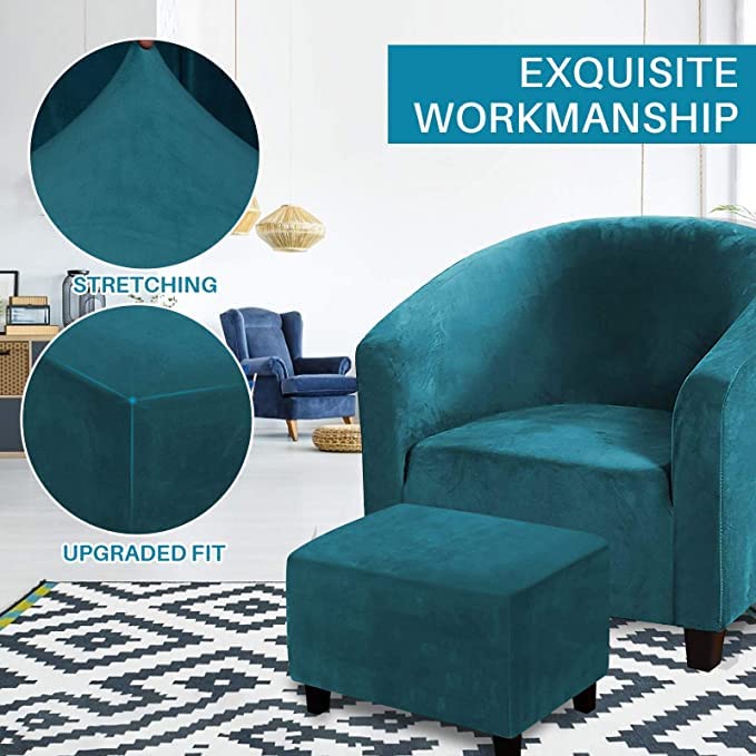 1 Piece Soft Velvet Arm-Chair Slipcover and 1 Piece Rectangle Folding Storage Slipcovers Ottoman Cover Set for Living Room as 4 Ways Stretch Furniture Protector with Elastic Bottom?Water Blue,L?