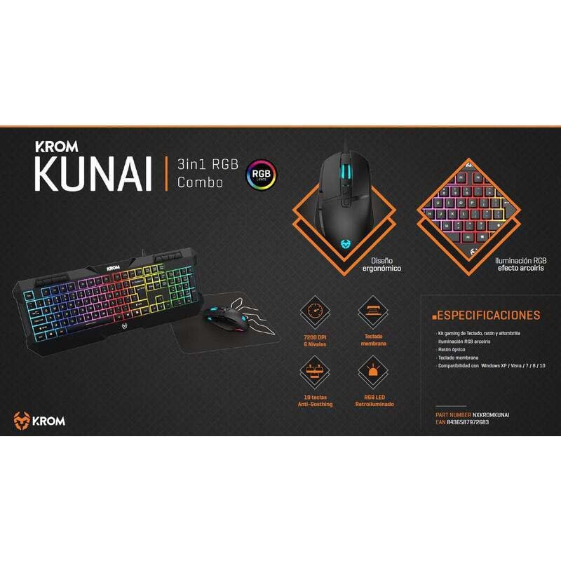 Krom Pack Gaming Kunai, Teclado led, ratón 7200 dpi y Alfombrilla Marca