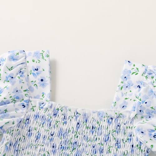 Toddler Baby Girl Summer Square Neck Floral Dress Bubble Short Sleeve Ruffle Smocked Sundress4