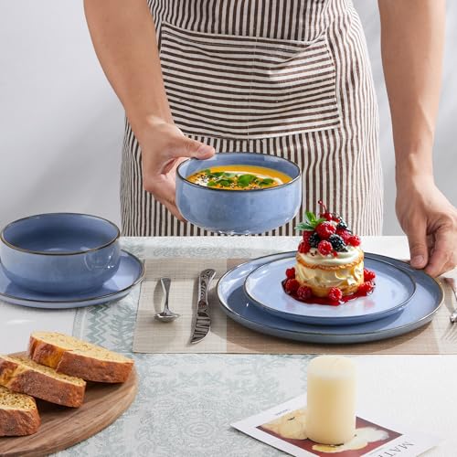 Joyfair Geschirrset 6 Personen, 18-tlg Steinzeug Tafelservice Set, Kratzfest Reaktive Glasur Geschirr Set mit Speiseteller, Dessertteller, Müslischalen, Mikrowellen- & Spülmaschinenfest, Ozean Blau