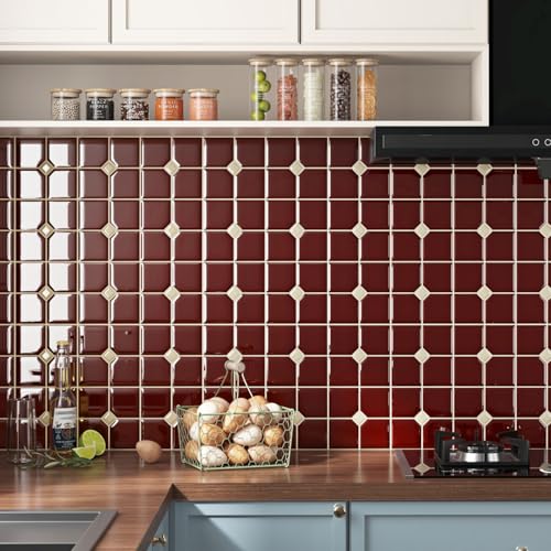 Wallderful Azulejos de pared para despegar y pegar, color rojo vintage, para cocina, azulejos de pared, azulejos de mosaico autoadhesivos, góticos, adhesivos 3D para baño, brillantes
