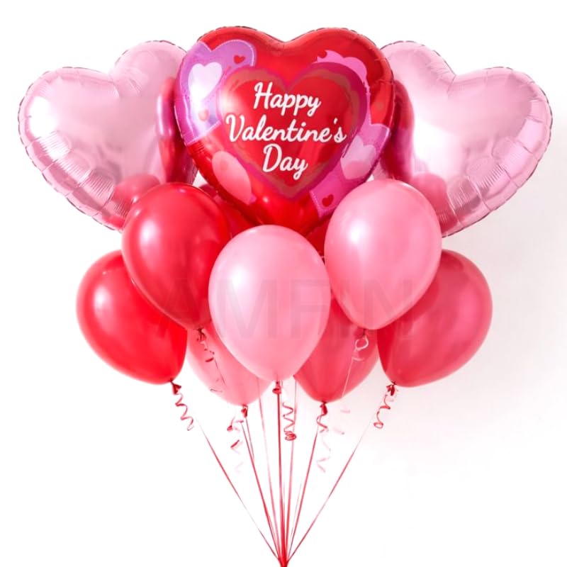 Image of AMFIN (Pack of 9) Happy Valentine's Day Balloon Decoration Set | Romantic Heart Foil Bouquet Metallic Helium Bunch Proposal Anniversary Celebration Party Decor - Red Purple