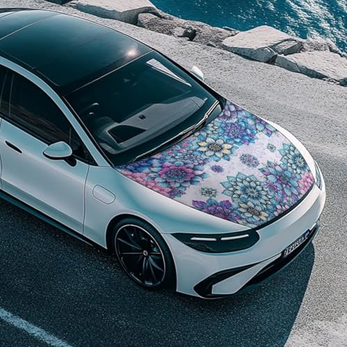 Image of Boho Mandala Flower Print Car Hood Cover, All-Season Car Bonnet Banner Universal Fit Truck Sedan Elastic Polyester Stretchable Automotive Hood Covers, Woman Man Gifts