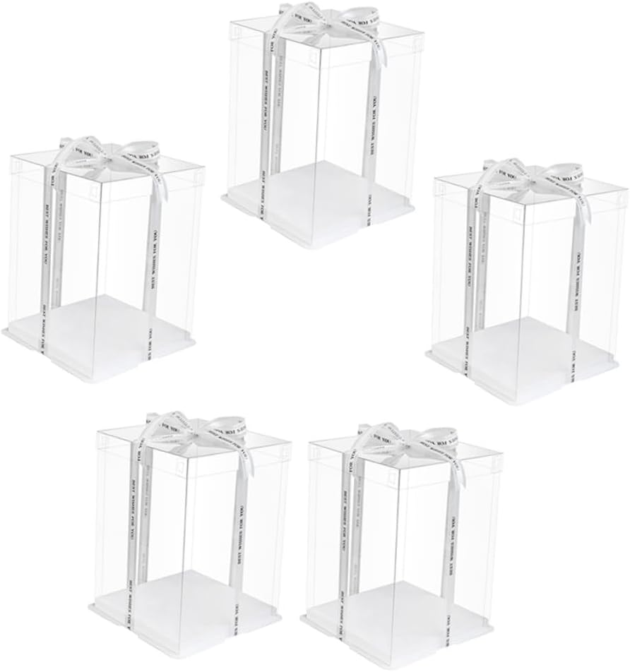 SAFIGLE 5pcs 8-inch Elevated Birthday Cake Boxes with Ribbon, Double-layer Cake Storage Containers for Packaging and Party Dessert Carrying
