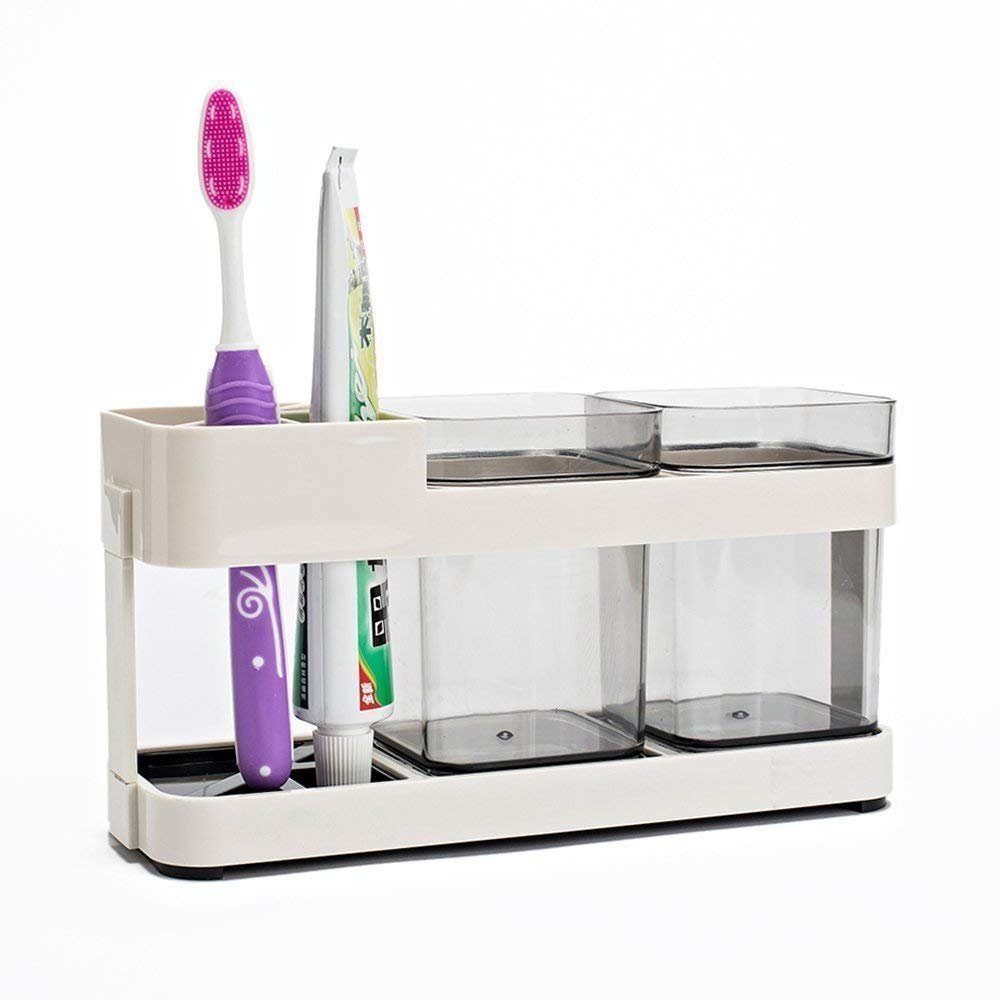 CLOUDTAIL CHOICE Toothpaste Plastic Stand Holder with 2 Cups Bathroom Storage Organizer