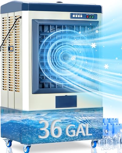 Uthfy 8979 CFM Swamp Cooler, 58' Evaporative Air Cooler with 36 Gal Water Tank, 5 Ice Box, 120° Oscillation, Portable Air Conditioner with 3 Speeds, Outdoor Cooling Fan for Garage, Patio, Factory Use