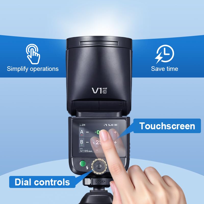 Godox V1midC TTL flash sferico per fotocamere Canon, flash da 55 W con 650 flash disponibili, luce pilota a LED da 2 W, HSS a 1/8000 s, tempo di ricarica di 1,7 s, batteria integrata da 2200 mAh