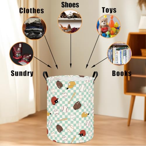 Image of Round Laundry Basket Collapsible Storage Hamper Green Grid Baseball | Waterproof Canvas Foldable Baskets with sturdy Handles Multi-scene Organizer for Home Play Bedroom Gift Bin