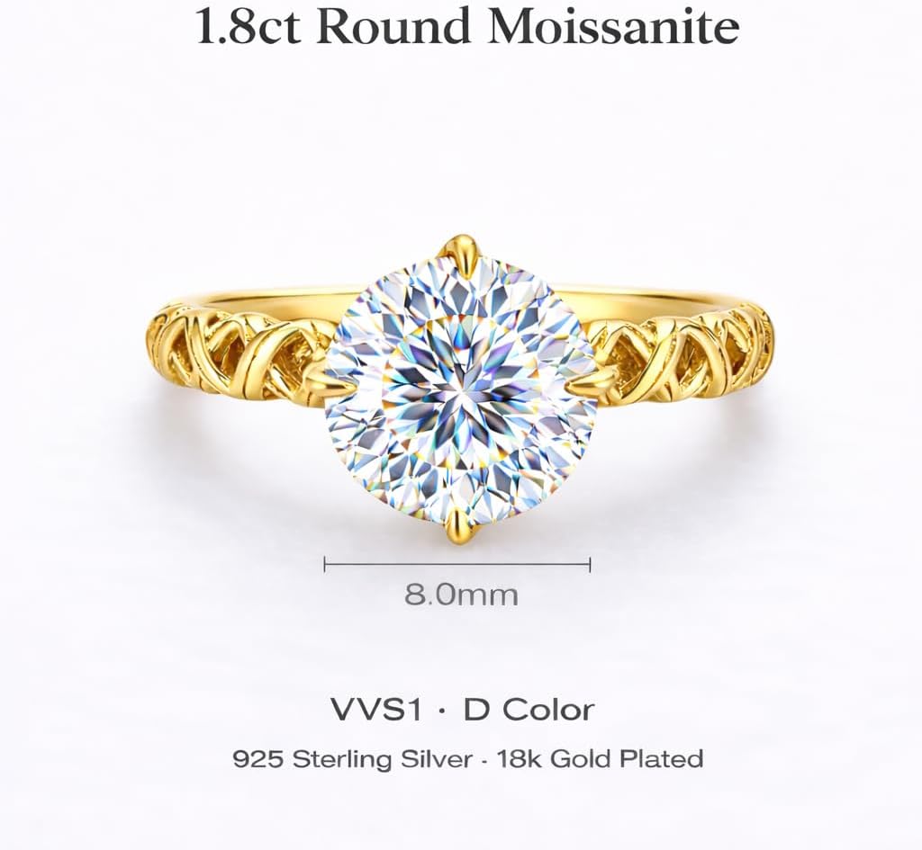 Gold Engagement Ring for Women, Moissanite Solitaire Cathedral Ring, 18K Gold Plated Sterling Silver Vintage Promise Ring – Available in Cubic Zirconia Option