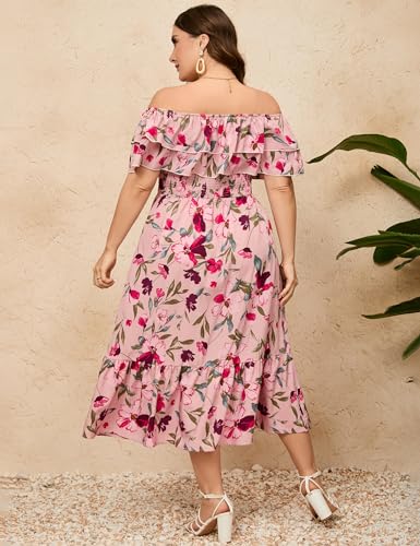 Image of KOJOOIN Women Plus Size Off Shoulder Maxi Dress Ruffle Flowy Casual Summer Boho Long Dresses