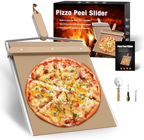 Sliding Pizza Peel, Metal Non Stick Pizza Peel Slider 12 inch with Wood Detachable Handle & Smart Pizza Transfer Slider Pizza Board 14.96