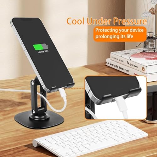 Image of DeskPro K7 Adjustable Mobile Phone Stand with Metal Base | Desktop Holder for Smartphones & Tablets | Anti-Slip Pad | Foldable and Angle Adjustable Design | Study Table Phone Dock - Black