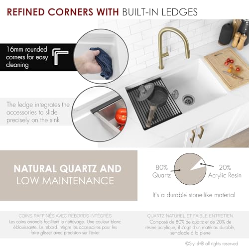 Image of Stylish 30 x 18 Inch Composite Granite Workstation Kitchen Sink, 60 /40 Double Bowl Under Mount & Drop in, 9.5 in Deep, Reversible, with Cutting Board, Colander, Colander & Strainer, White, S-831WH