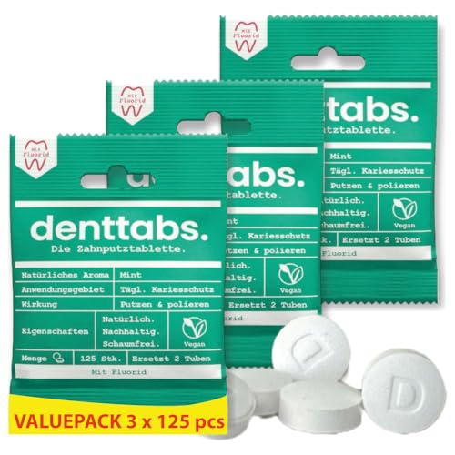DENTTABS Zahnputztabletten 375 Stk | Mint mit Fluorid | vegan & plastikfrei | 6 Monate Vorrat | sanfte Reinigung & nachhaltige Pflege