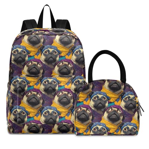 Cute Pugs Print Backpack Set with Lunch Bag, Large Capacity Travel Backpacks and Lunch Box Insulated for Commute Hiking Picnic