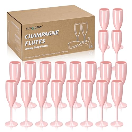XUWAIDSGN Champagne Flute Acrylic Champagne Glasses Wedding Toasting Champagne Flute Goblet Plastic Reusable Unbreakable Champagne Cups for Bachelorette Wedding Bridal Shower Party (Light Pink 24)