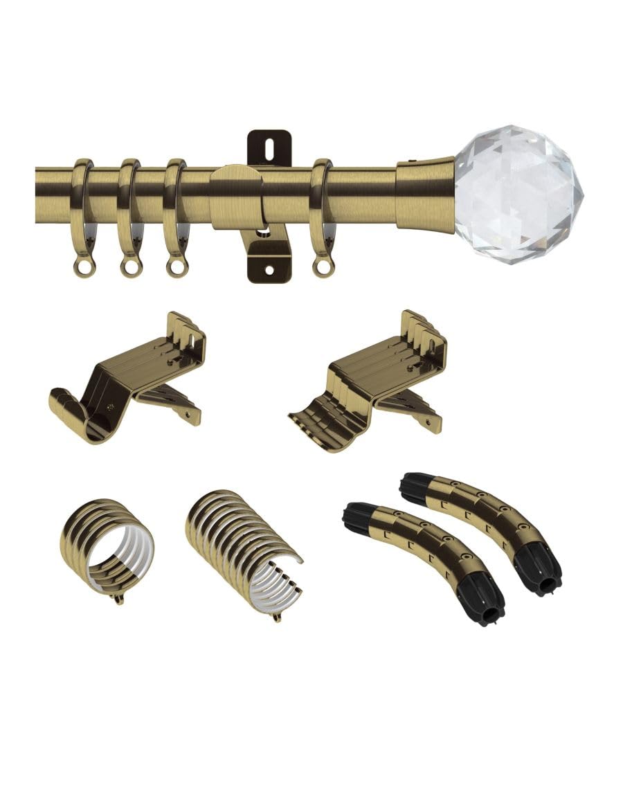 Swish Design Studio 28mm Bay Window Curtain Pole set Kit 5M, 500cm, Antique Brass Prisma Faceted Ball Finial