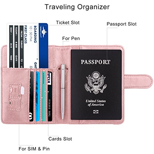 Image of WALNEW Passport Holder for Travel, RFID Passport Cover Wallet for Women Men, PU Leather Passport Book Card Holder Case with Pen (Buckle Closure, Buckle-Rosegold)