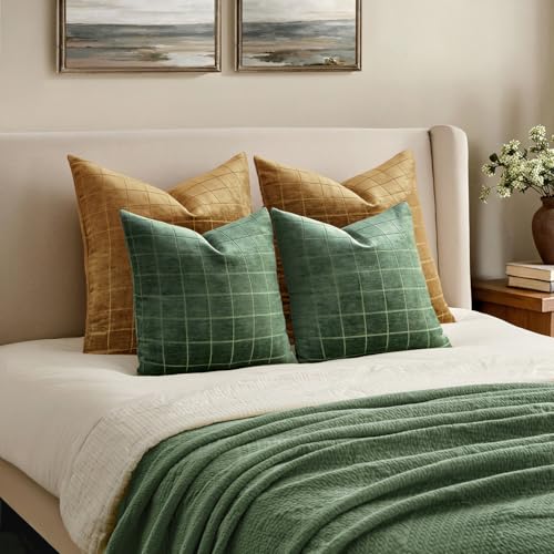 Image of MIULEE Moss Green Plaid Decorative Throw Pillow Covers 18x18 Set of 2 | Vintage Check Chenille Couch Pillows Neutral Boho Farmhouse Cushion Covers Modern Home Decor for Sofa Bed Living Room