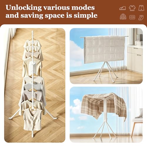 LVMIBVL Adjustable Collapsible Umbrella Style Clothes Drying Rack, 4Legs6Telescopic Arms, Space-Saving Freestanding Laundry Airer with Windproof Clips, Easy Setup Indoor Outdoor (White-Plastic) by LVMIBVL - Used condition - Image 7