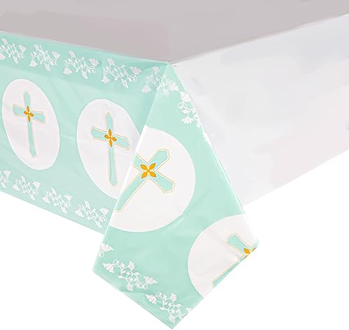 Miniatura 4 de Blue Panda Paquete de 3 manteles desechables de plástico para la primera comunión, 54 x 108 pulgadas, cubierta rectangular de plástico plisada,