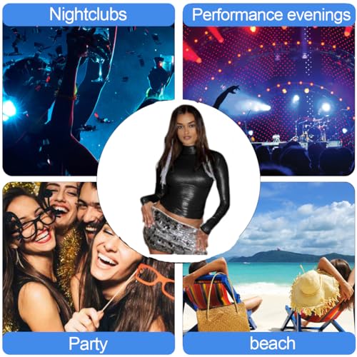 Damen Langarm Glänzende Oberteile, Metallic Flüssigkeits Rollkragenoberteile mit Stehkragen, schmal geschnittene, lässige Pullover Tunika für Clubwear, solide T Shirt Bluse Lederoptik Party Tanktops