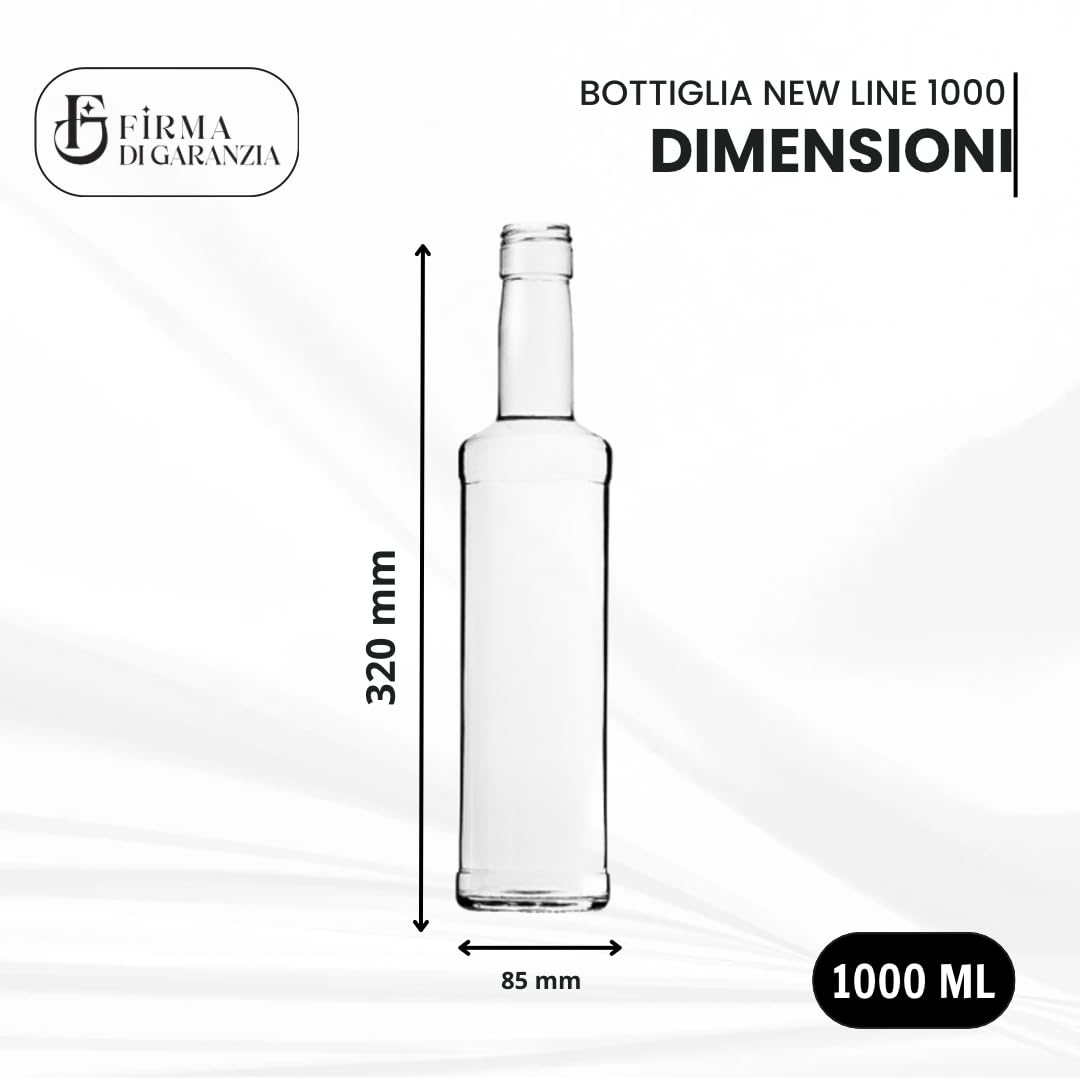 FDG - Bottiglia per acqua in vetro vuote 1 L - Set da 12 Bottiglia New Line in Vetro con Tappo a vite 1 L - Bottiglie da tavola stile MODERNO ed elegante - Bottiglie per acqua succhi e liquori