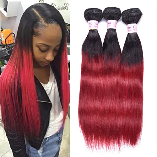 Aigemei Hair Peruvian Ombre Burgundy Hair Extensions Black To Red Straight Weave Two Tone 3 Bundles 20 20 22 Inches Total 150Gram