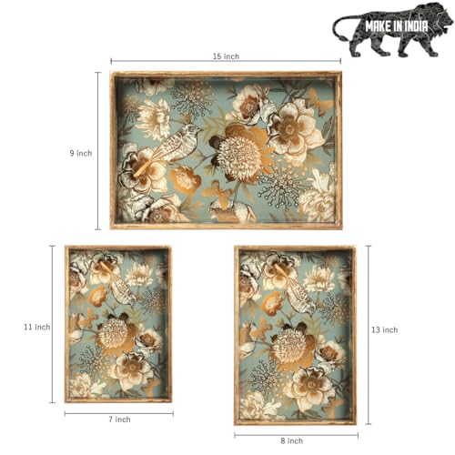 Image of DULI Set of 3 MDF Wood Enamel Coated Multipurpose Trays| Serving Tray for Home & Dining Table (16x10x2, 14x8x2, 12x6x2 Inches) (Setof3Nonwp- GreyGoldBirds)