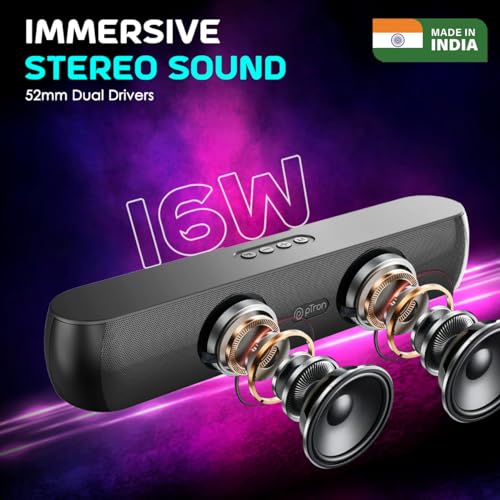 Image of pTron Fusion Beam V2 16W Bluetooth Soundbar Speaker, Stereo Sound, RGB Lights, Metal Grill, Soundbar for Phone /TV /Laptop /Tablets, BT5.3 /Aux /TF Card /USB Playback & TWS Feature (Midnight)