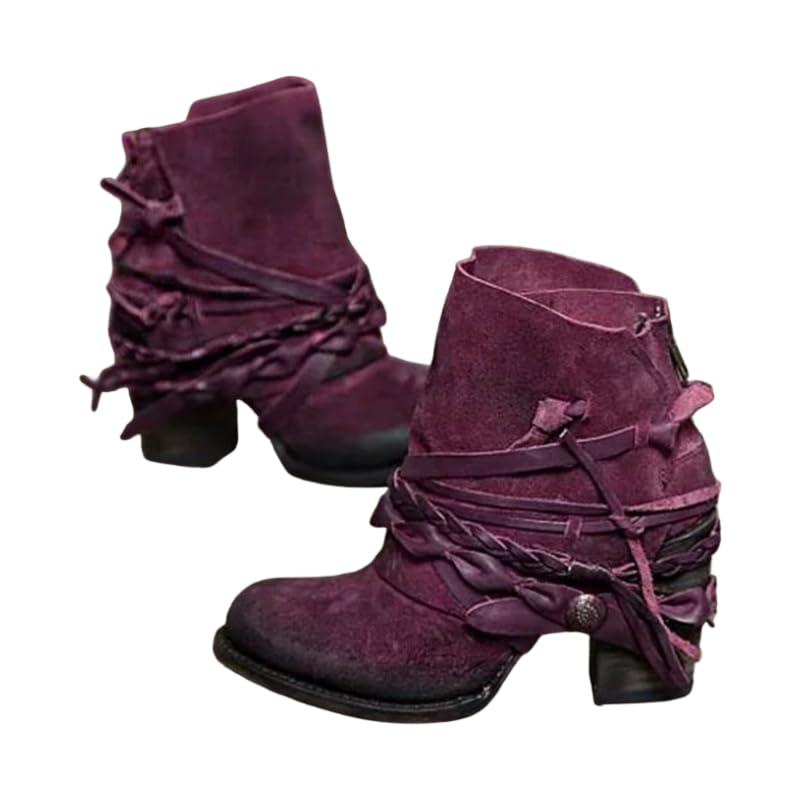 Womens Suede Ankle Boots Chunky Heel Ankle Booties Back Zipper Vintage Western Boots for Ladies - Bohemian Casual