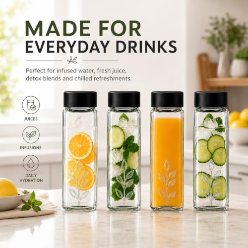 Image of ginoya brothers 750 ML Wide Mouth Textured Glass Juice Bottle with Leakproof Lid - Reusable Clear Beverage Bottle for Juice, Detox Water, Infusions & Daily Hydration (S-3)