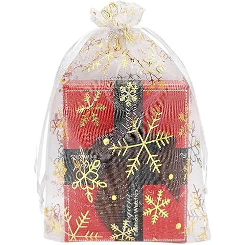 Jexila 100PCS Christmas Organza Bags 4X6 inches Snowflake Pattern Christmas Small Mesh Drawstring Gift Bag Christmas Party Favor Goodie Candy Treat Bags Cover
