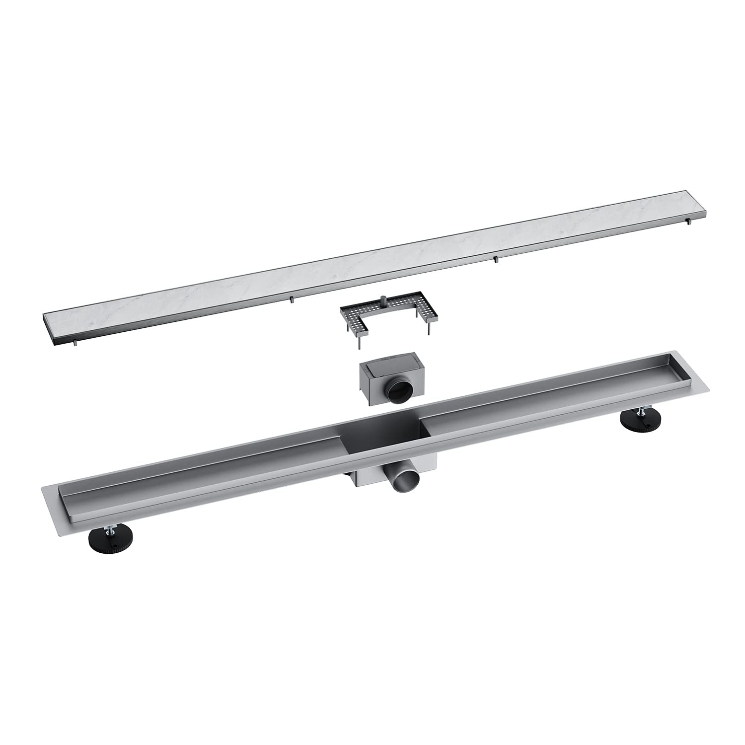 SONNI Dwustronny odpływ prysznicowy 50 cm, odpływ podłogowy, płaski z blokadą zapachów i sitkiem do włosów, odpływ krawędziowy, rynna odpływowa 2 w 1, ze stali nierdzewnej, kompletny zestaw z mocowaniem do podłoża