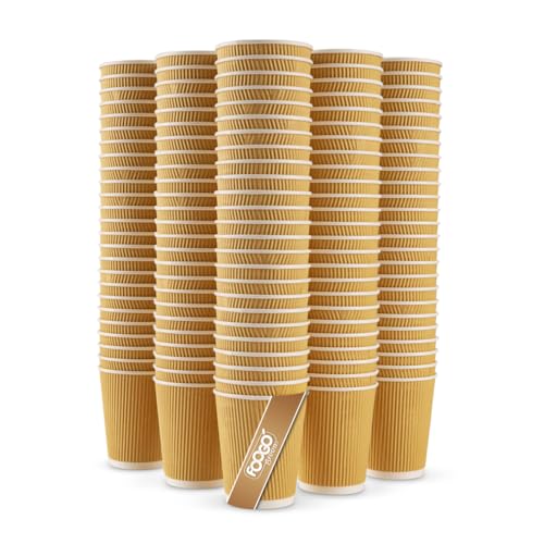 FOOGO Green 100pcs 8oz Disposable Strong Triple-Wall Brown Paper Coffee Cups, FSC® Certified, Fully Compostable, for Hot Drinks, Heat-Resistant Ripple Design, Takeaway Coffee Cups, Party