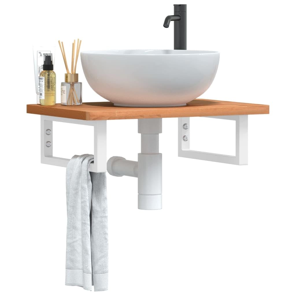 Tapa de lavabo de 60 x 40 cm con soporte blanco, estantería para lavabo de pared de madera maciza de haya lacada y acero, consola para lavabo superior para baño