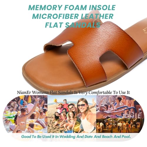 Image of NianEr Womens Microfiber Leather Memory Foam H Sandals Summer Shoes Slides | Flat, Comfortable, Slip On, Dressy, Dress, Beach, Vacation, Designer, Comfy, Casual, Bridal, Church, Boho, Office, Work