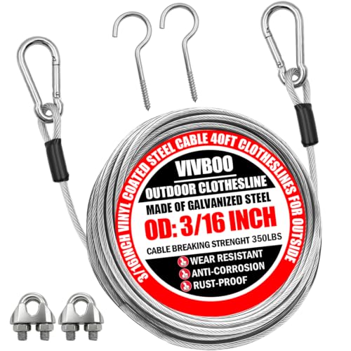 Image of Clothes Line Outdoors 40ft Fixed with Hooks Heavy Duty