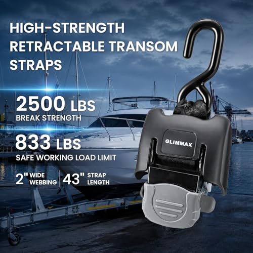 Retractable Boat Transom Tie Down Straps, 2-Pack 2x43in 2500lb | 833 lbs safe working load limit; trailer ratchet straps for brackish or saltwater environments and secure boat towing. - Image 2
