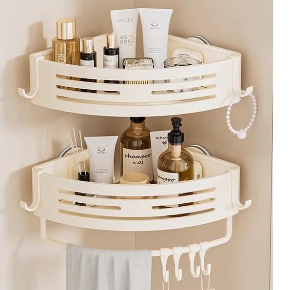 Reelyo 吸盤 浴室用ラック バスラック 浮かせる収納 水切り 防水と防錆 フック/タオルバー付き バスルーム/お風呂/洗面所/キッチンに おもちゃ シャンプー 収納 (三角形, 2段)