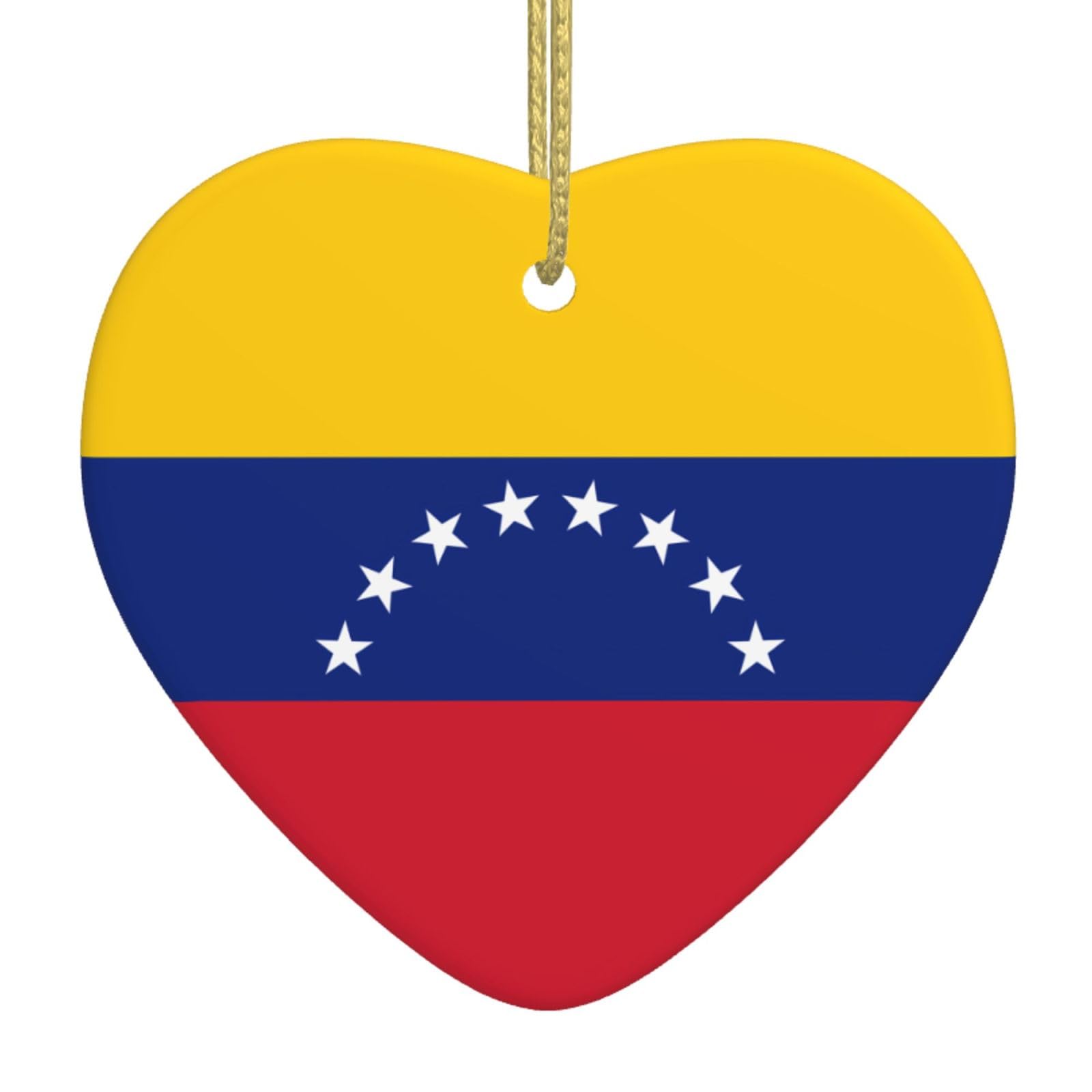 Flag of Venezuela Ceramic Christmas Heart Pendant with Silk Thread, Christmas Tree Home Decoration