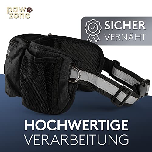 PAWZONE Futterbeutel Hunde - Leckerlibeutel für Hunde - Bauchtasche für Hunde Zubehör - Leckerlitasche für Hunde - Inkl. Reflektorband & Zusatzgurt für Flexileine (Schwarz)