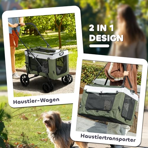 PawHut 2 in 1 Hundewagen Hundebuggy klappbar für Hunde & Katzen bis 10 kg Katzenbuggy mit Kissen Netzfenstern Türen Aufbewahrungskorb Katzenwagen Buggy Dunkelgrün