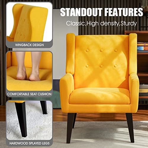 Wacasa Button Tufted Linen Fabric Accent Wingback Chair Set Of 2, Upholstered Mid Century Modern Arm Chairs For Bedroom, Living Room Yellow #TOP4